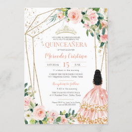 Convites Quinceanera Blush Rosas Rosa e Dourada, Moça
