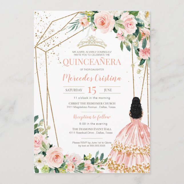 Convites Quinceanera Blush Rosas Rosa e Dourada, Moça (Frente)