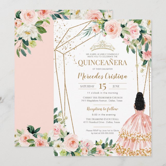 Convites Quinceanera Blush Rosas Rosa e Dourada, Moça I (Frente/Verso)