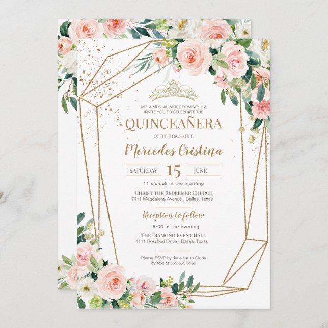 Convites Quinceanera Blush Rosas Rosa e Dourada Pérola Tiar (Frente/Verso)