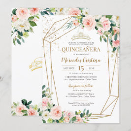Convites Quinceanera Blush Rosas Rosa e Dourada Pérola Tiar