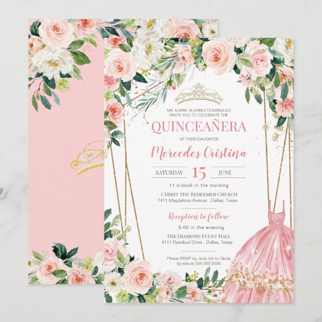 Convites Quinceanera Blush Rosas Rosa e Dourada Pérola Tiar (Frente/Verso)