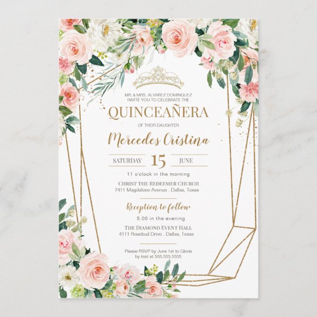 Convites Quinceanera Blush Rosas Rosa e Dourada Pérola Tiar (Frente)