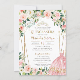 Convites Quinceanera Blush Rosas Rosa e Dourada Pérola Tiar