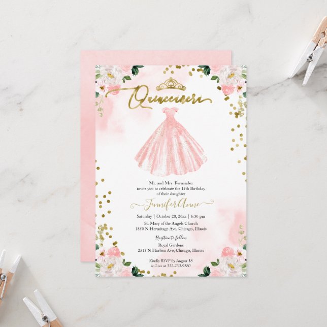 Convites Quinceanera Blush Watercolor Flores Rosa (Frente/Verso In Situ)