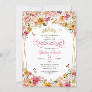 Convites Quinceanera Blush Yellow Elegant Floral Butefly Qu