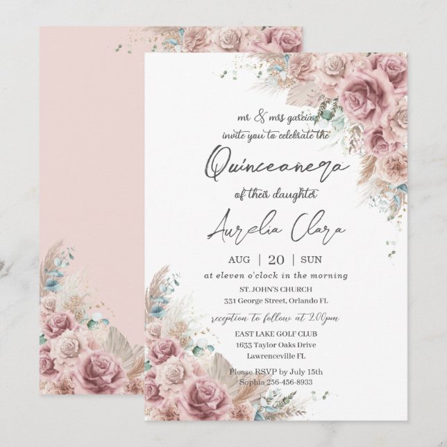 Convites Quinceañera Boho Blush Dusty Rosa Floral Pampas (Frente/Verso)
