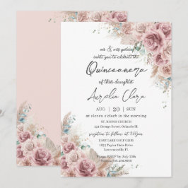 Convites Quinceañera Boho Blush Dusty Rosa Floral Pampas