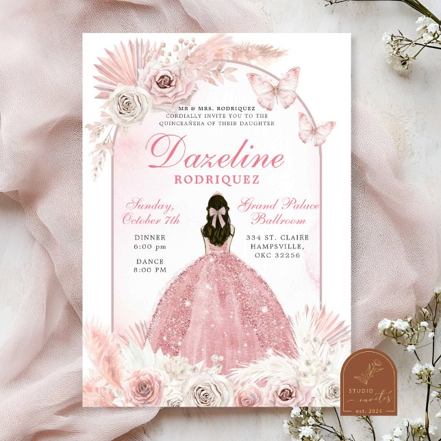 Convites Quinceanera Boho Chic Rosa (Criador carregado)
