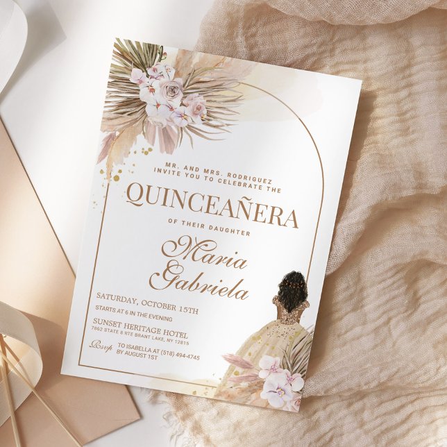 Convites Quinceanera Boho Pampas Floral Mis Quince Anos (Criador carregado)