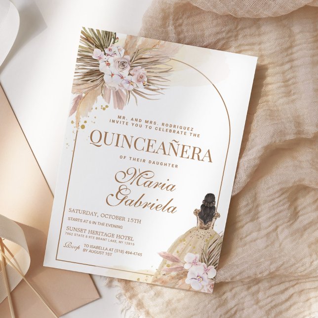 Convites Quinceanera Boho Pampas Floral Mis Quince Anos (Criador carregado)