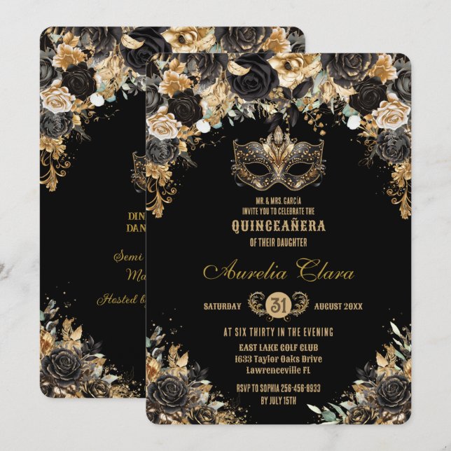 Convites Quinceañera, Bola de Mascarada Floral Dourada (Frente/Verso)