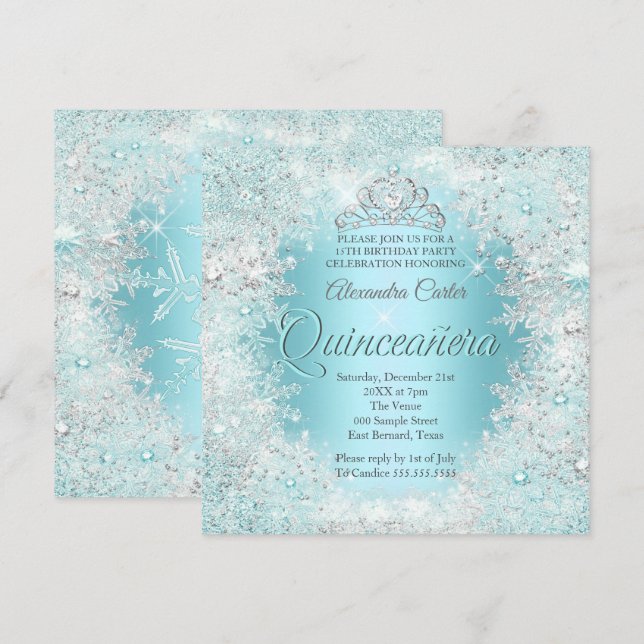 Convites Quinceanera Bonito Prata Azul-Teal Flocos de Neve (Frente/Verso)
