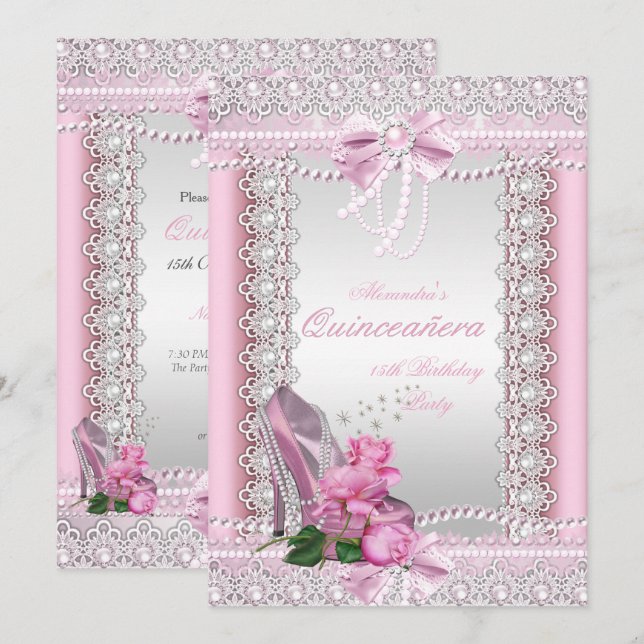Convites Quinceanera Bonito Rosa Branca Rosa Alta Altura (Frente/Verso)