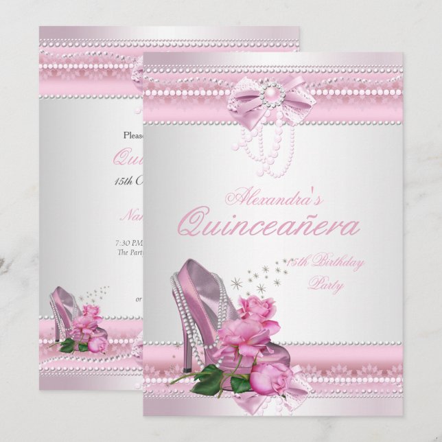 Convites Quinceanera Bonito Rosa Branca Rosa Alta Altura 2 (Frente/Verso)