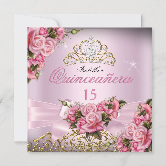 Convites Quinceanera Bonito Rosas Rosa Tiara 15 Aniversário (Frente)