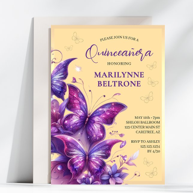 Convites Quinceañera Borboleta Amarela Roxo Dourado (Criador carregado)