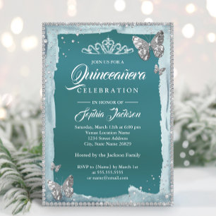 Convites Quinceanera Borboleta Brilho Diamante Prata Turque