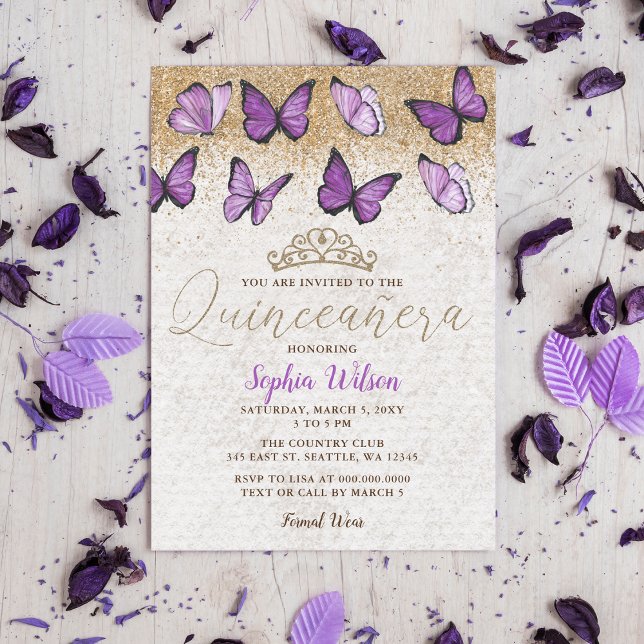 Convites Quinceañera, Borboleta Dourada Roxa (Purple Gold Glitter Butterfly Quinceañera Invitation )