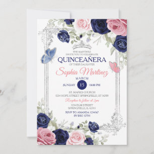 Convites Quinceañera, Borboleta Floral Azul Rosa E Marinho