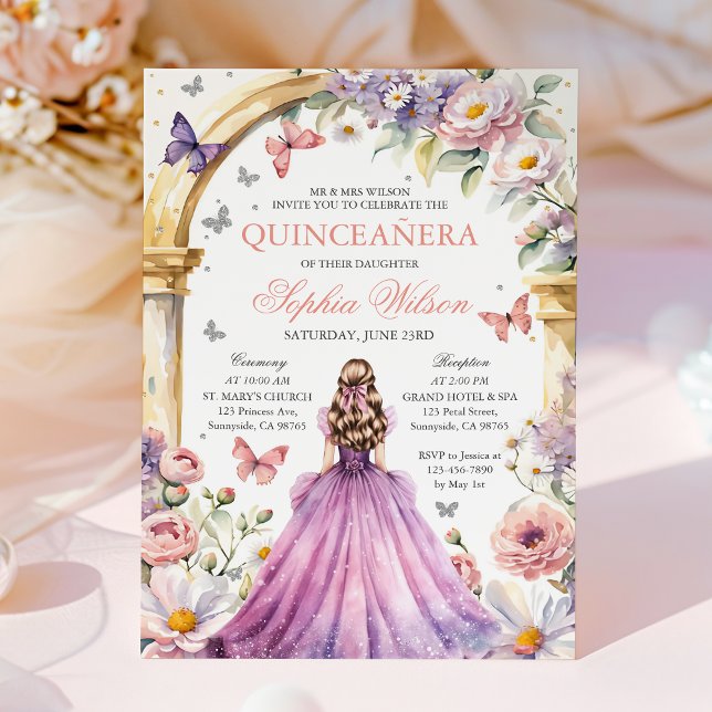 Convites Quinceanera, Borboleta Floral Cor-de-Rosa (Criador carregado)
