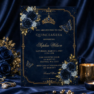 Convites Quinceañera Borboleta Floral Dourada Marinho