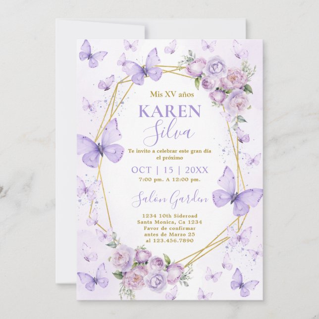 Convites Quinceanera, Borboleta Roxa (Frente)
