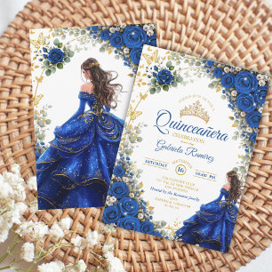 Convites Quinceañera Borboletas Douradas Azul Real