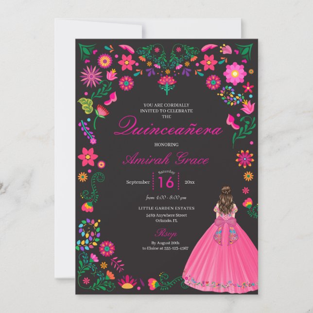 Convites Quinceañera, Bordado Negro e Fuchsia (Frente)