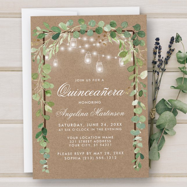 Convites Quinceanera Botanera Green Wood Frame Kraft (Customize to add more text or photos to back of card.)