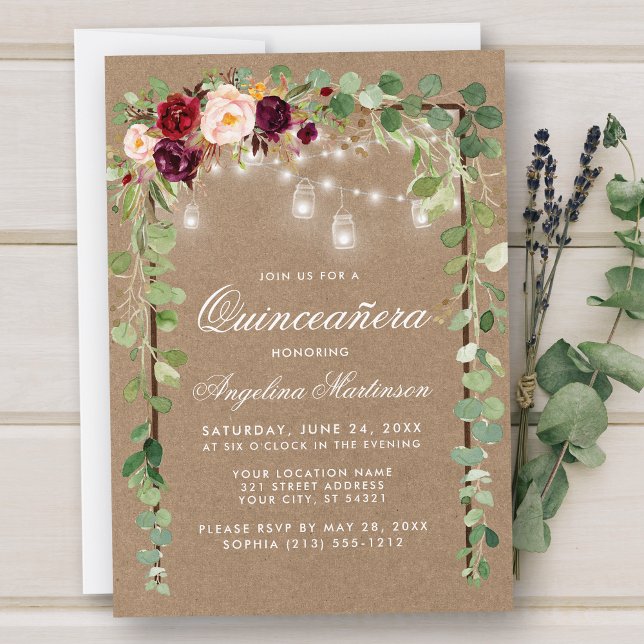 Convites Quinceanera Botânica Madeira Floral Kraft (Customize to add more text or photos to back of card.)