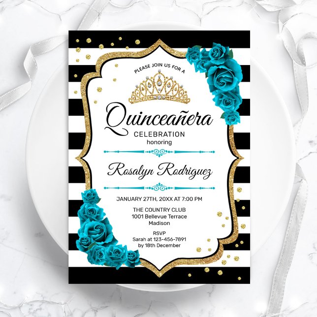Convites Quinceanera Branca Dourada Teal (Criador carregado)