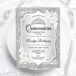 Convites Quinceanera branca prateada<br><div class="desc">Partido Quinceanera - Convite Prateado. Apresenta faixas,  fontes de script,  rosas brancas,  tiara e confetti. Design clássico com folha de prata brilhante falso. Perfeito para uma elegante celebração de glam.</div>