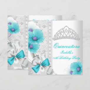 Convites Quinceañera Branco Azul Turquesa Floral Tiara de D
