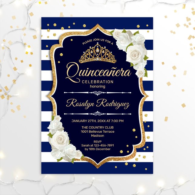 Convites Quinceanera - Branco Dourado Marinho (Criador carregado)