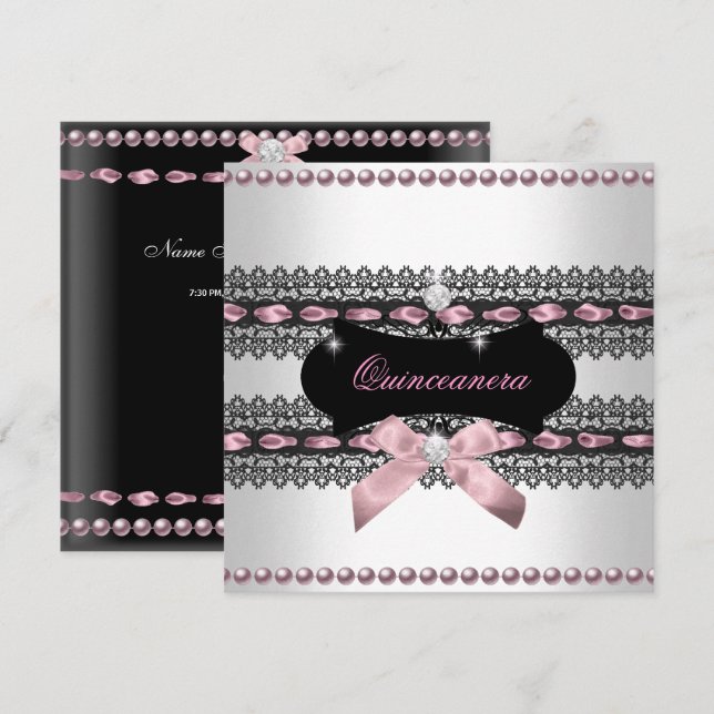 Convites Quinceanera Branco Rosa Preto Renda Pérola (Frente/Verso)