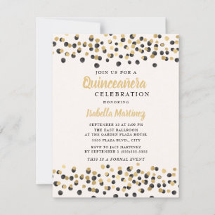 Convites Quinceanera Brilho Confete Dourado Preto Branco