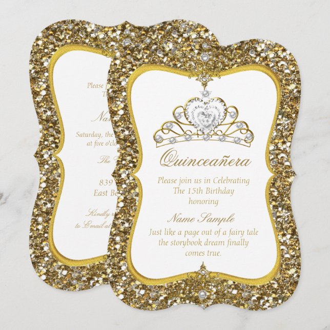 Convites Quinceanera Brilho Dourado Tiara Pérolas Brancas C (Frente/Verso)