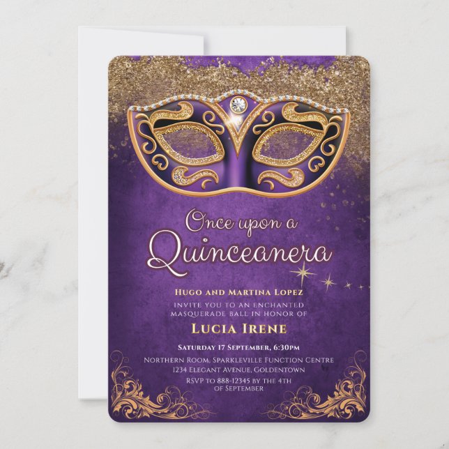 Convites Quinceanera Brilho Roxo (Frente)