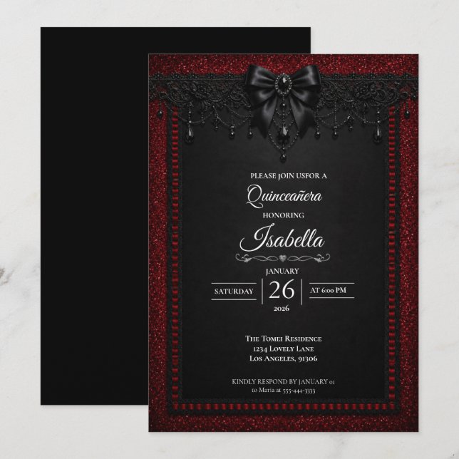 Convites Quinceañera brilho vermelho gótico (Frente/Verso)