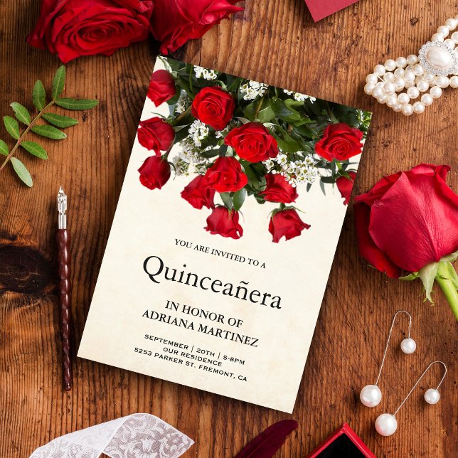 Convites Quinceanera, Buquê Romântico de Rosas vermelhas (Criador carregado)