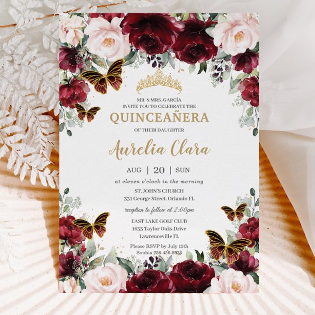 Convites Quinceañera Burgundy Blush Borboletas Douradas (Criador carregado)