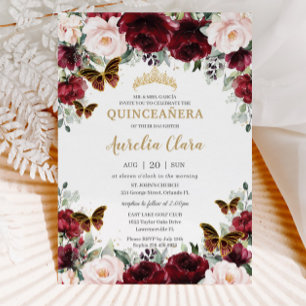 Convites Quinceañera Burgundy Blush Borboletas Douradas