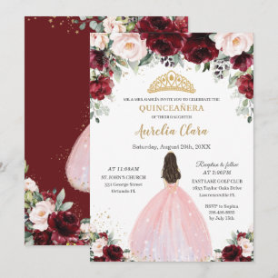 Convites Quinceañera Burgundy Blush Coroa de Vestido Rosa F