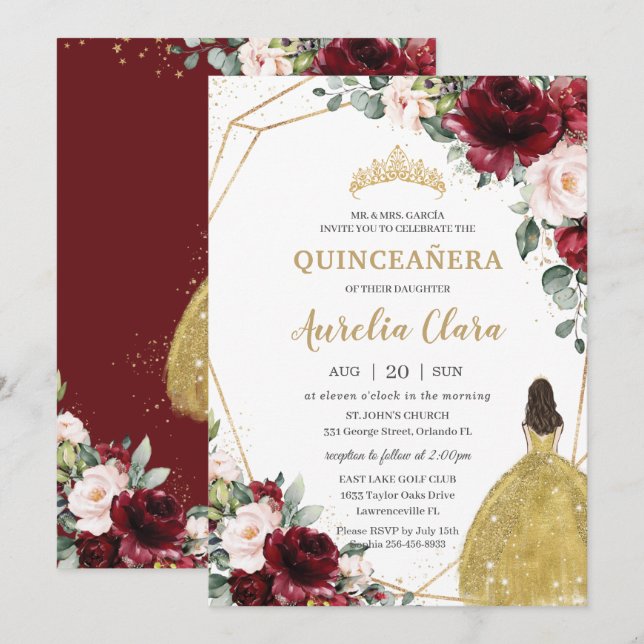 Convites Quinceañera Burgundy Blush Coroa Dourada Floral (Frente/Verso)