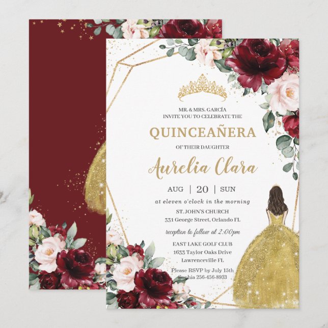 Convites Quinceañera Burgundy Blush Coroa Dourada Floral (Frente/Verso)