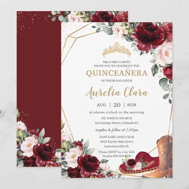 Convites Quinceañera Burgundy Blush Floral Charro Hat Boot (Frente/Verso)