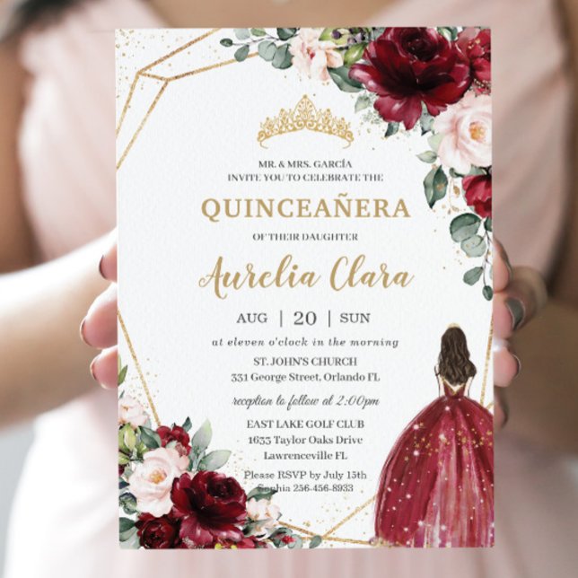 Convites Quinceañera Burgundy Blush Floral Dourada Princesa (Criador carregado)