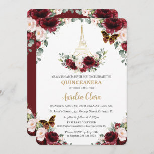 Convites Quinceañera Burgundy Blush Floral Paris Butterfly