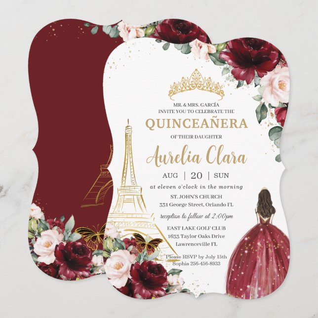 Convites Quinceañera Burgundy Blush Floral Paris Dourada Co (Frente/Verso)